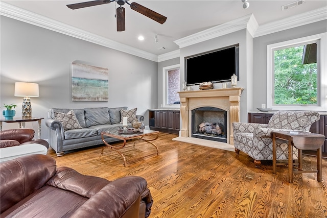 living room with wood-type flooring, ceiling fan, and ornamental molding