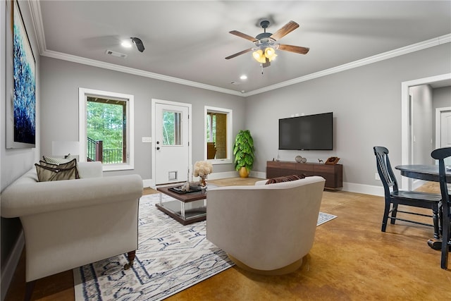 living room featuring crown molding and ceiling fan