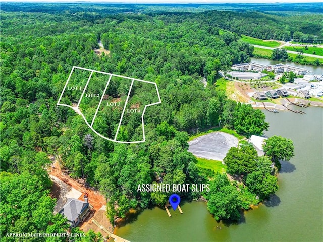 593 Elks Pkwy, Alexander City, AL 35010 - aerial view of property and surrounding area with a large body of water and property parcel outlined