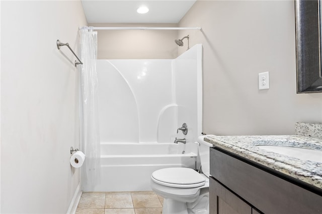 bathroom with shower / bathtub combination with curtain, vanity, toilet, and tile patterned floors