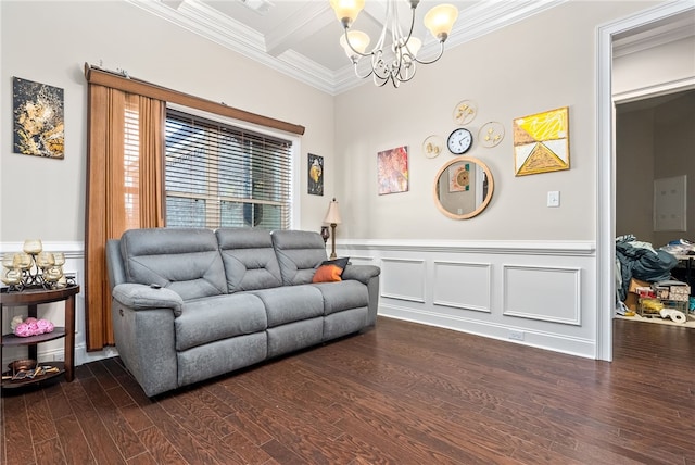 living area with dark wood-style floors, a wainscoted wall, ornamental molding, coffered ceiling, and beamed ceiling