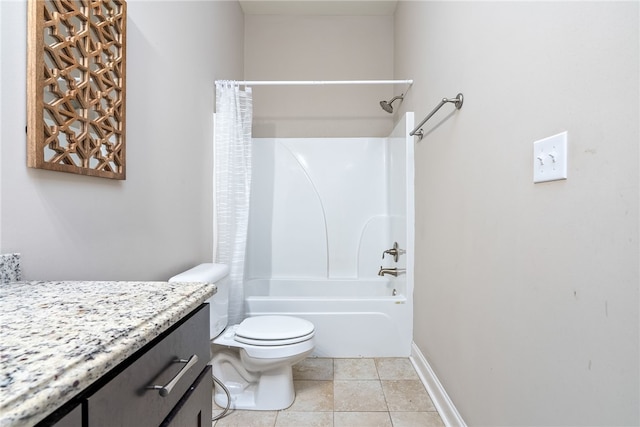 bathroom with shower / tub combo with curtain, toilet, vanity, baseboards, and tile patterned floors