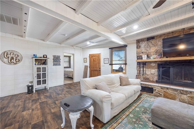 1701 Lee Road 353, Valley, AL 36854 - living room with hardwood / wood-style floors, a stone fireplace, and beam ceiling