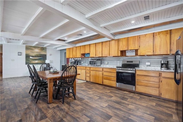 1701 Lee Road 353, Valley, AL 36854 - kitchen with appliances with stainless steel finishes, dark wood-type flooring, beam ceiling, backsplash, and brown cabinetry