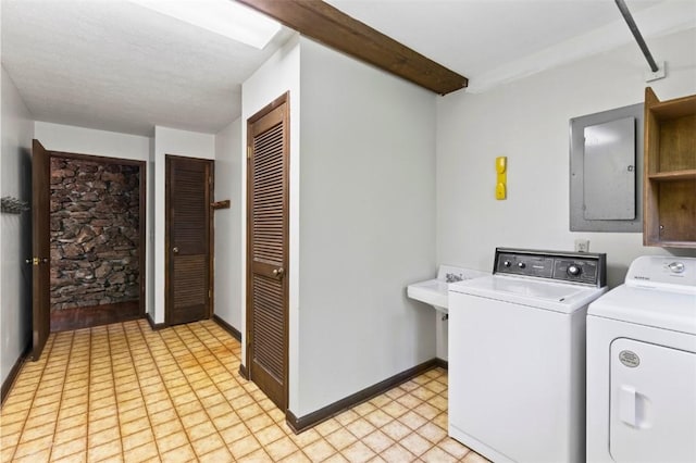 711 Oak Knoll Cir, Auburn, AL 36830 - laundry area with electric panel, washing machine and dryer, and light floors