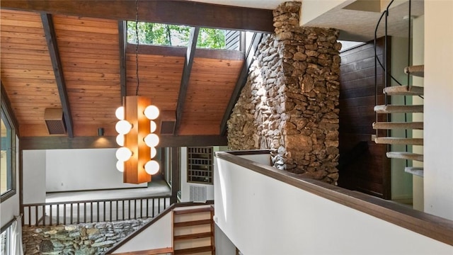 711 Oak Knoll Cir, Auburn, AL 36830 - staircase with a wood ceiling with exposed beams
