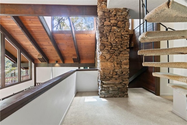 711 Oak Knoll Cir, Auburn, AL 36830 - stairway with a wooden ceiling with exposed beams and carpet flooring