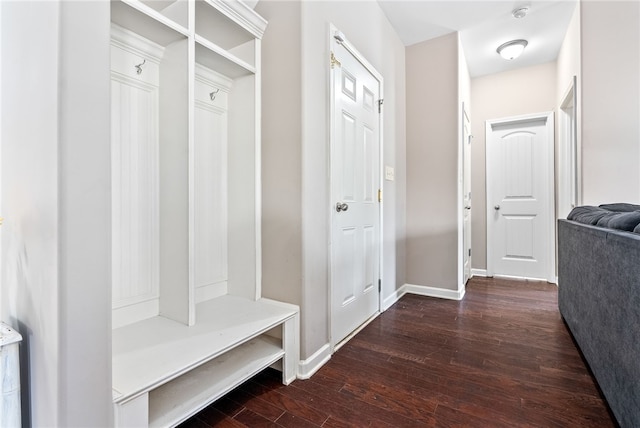 mudroom with baseboards and dark wood-type flooring