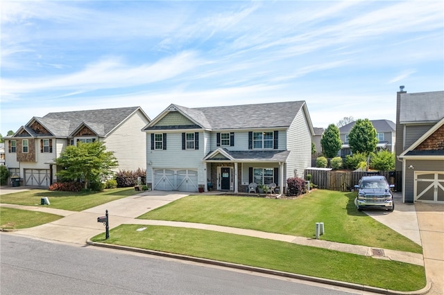 view of front of home featuring a front lawn, driveway, a garage, and fence