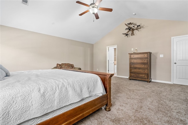 bedroom with ceiling fan, high vaulted ceiling, visible vents, baseboards, and carpet floors