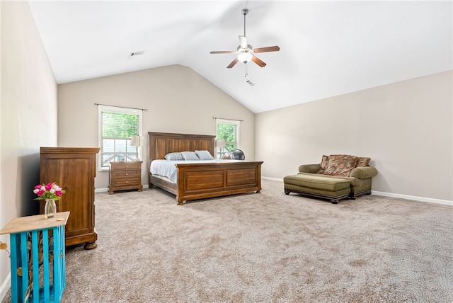 carpeted bedroom with lofted ceiling, visible vents, ceiling fan, and multiple windows