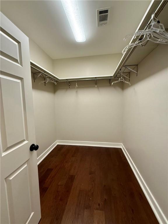 spacious closet with dark wood-style floors