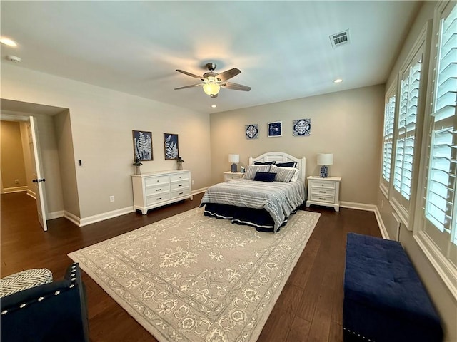 bedroom featuring dark wood-style flooring, baseboards, a ceiling fan, and recessed lighting