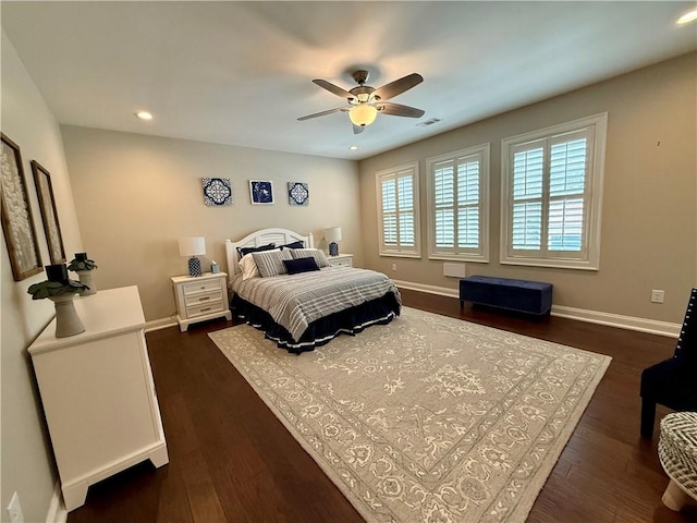 bedroom with dark wood-style flooring, baseboards, recessed lighting, and ceiling fan