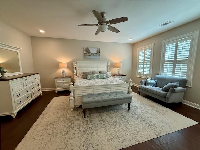 bedroom with baseboards, dark wood-style flooring, recessed lighting, and a ceiling fan