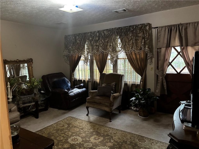 living area featuring a textured ceiling, light colored carpet, and a healthy amount of sunlight