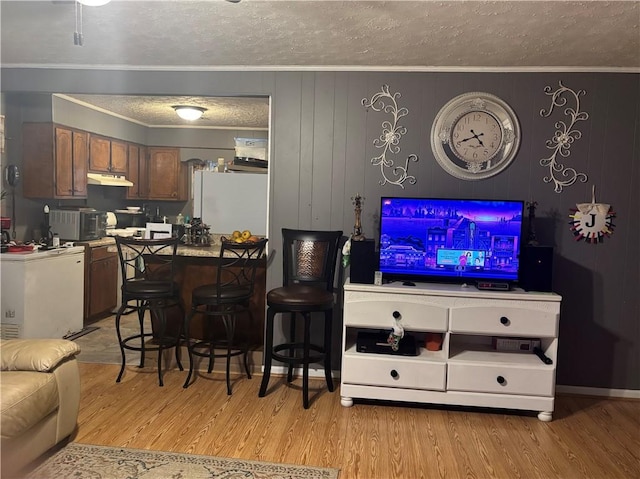 living room featuring light hardwood / wood-style floors, a textured ceiling, and ornamental molding