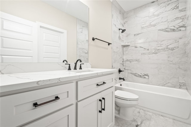 bathroom with  shower combination, marble finish floor, vanity, and toilet