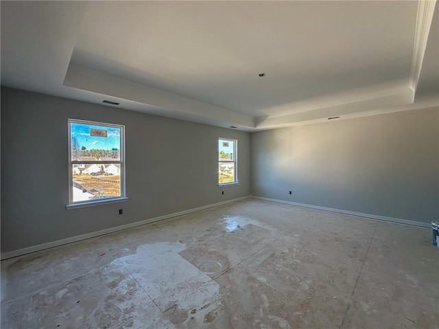 unfurnished room featuring a raised ceiling