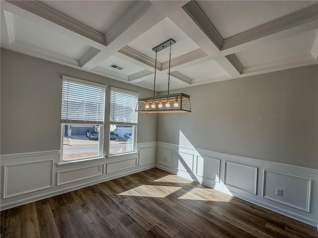 unfurnished dining area featuring visible vents, beamed ceiling, a wainscoted wall, coffered ceiling, and dark wood-style flooring