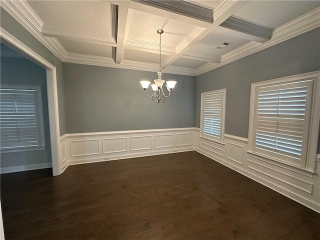 1882 Waterfall Rd, Auburn, AL 36832 - empty room with coffered ceiling, beamed ceiling, a chandelier, dark wood-style flooring, and ornamental molding