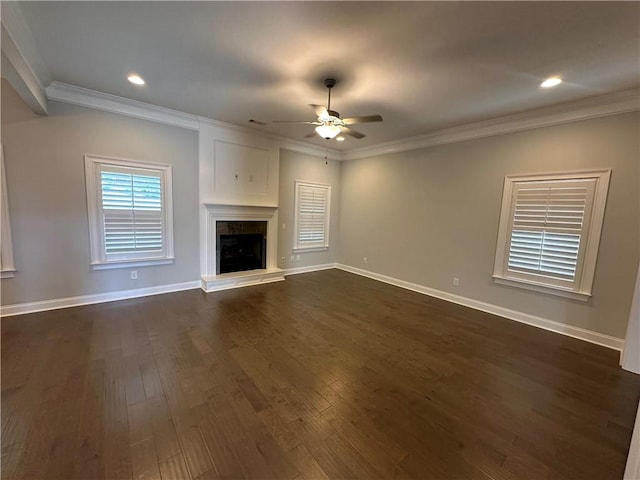1882 Waterfall Rd, Auburn, AL 36832 - unfurnished living room featuring ceiling fan, dark wood finished floors, baseboards, ornamental molding, and recessed lighting