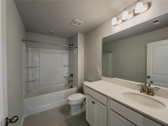 full bathroom with toilet, bathtub / shower combination, vanity, and tile patterned floors