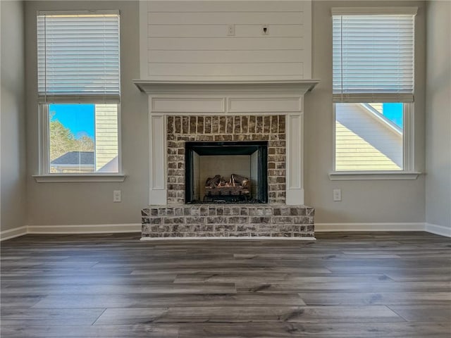 interior details with hardwood / wood-style floors and a fireplace