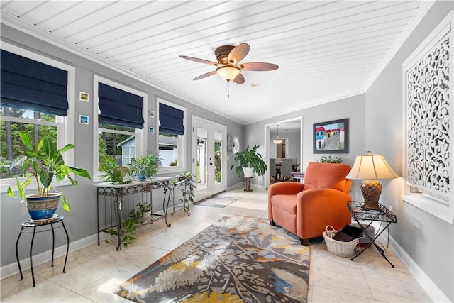 1340 Ferndale Dr, Auburn, AL 36830 - living area with crown molding, a ceiling fan, and wooden ceiling