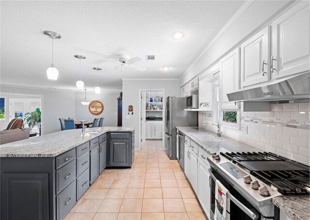 1340 Ferndale Dr, Auburn, AL 36830 - kitchen with appliances with stainless steel finishes, under cabinet range hood, ornamental molding, decorative backsplash, and a ceiling fan