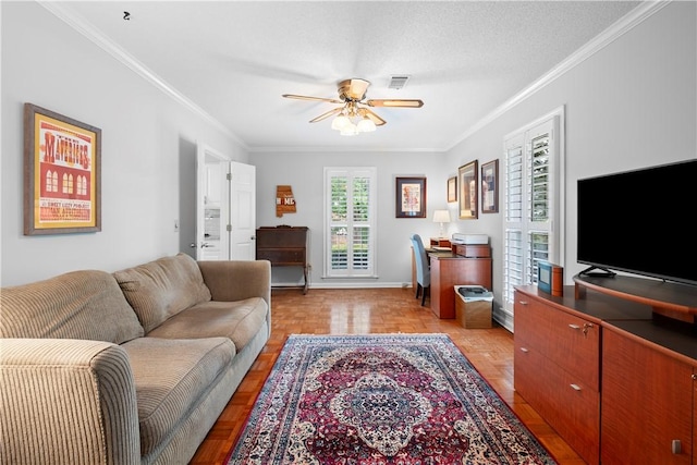 1340 Ferndale Dr, Auburn, AL 36830 - living room featuring ceiling fan and ornamental molding