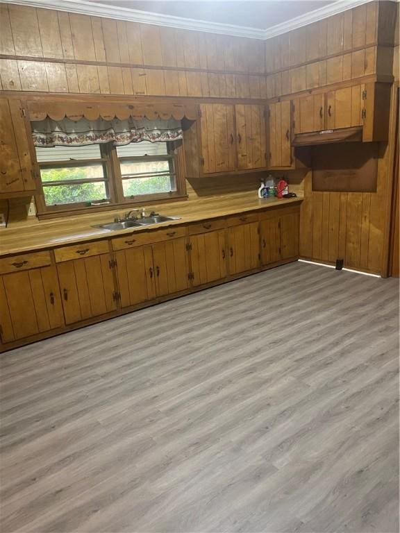 kitchen with light wood-type flooring, sink, wooden walls, and ornamental molding