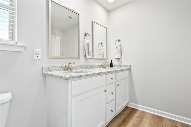 bathroom featuring a sink, visible vents, wood finished floors, and double vanity