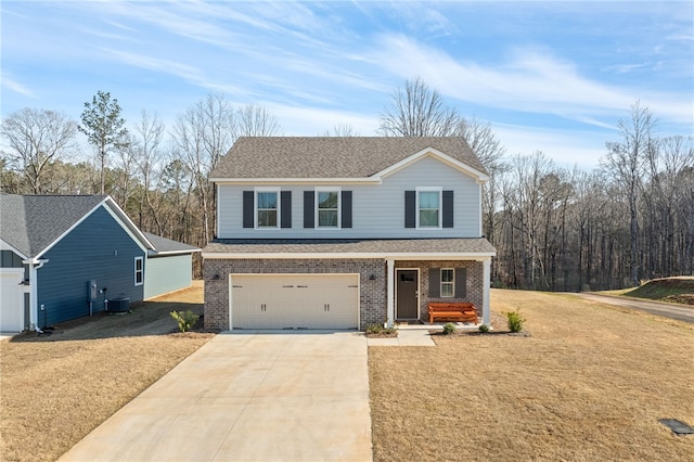 view of front facade with driveway, central AC, covered porch, a garage, and brick siding