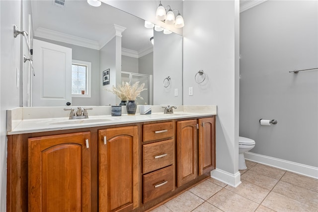 bathroom with tile patterned flooring, an enclosed shower, toilet, vanity, and ornamental molding