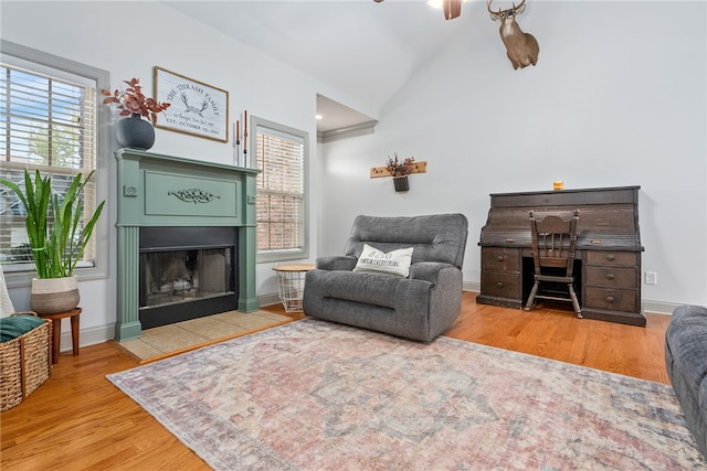 living area with light wood-type flooring and vaulted ceiling