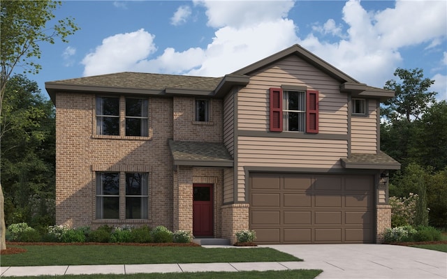 traditional home with concrete driveway, brick siding, an attached garage, and a shingled roof