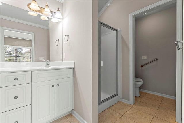 bathroom featuring vanity, tile patterned floors, toilet, ornamental molding, and a shower with shower door