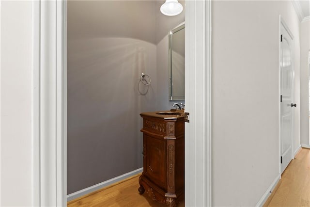 interior space featuring vanity, wood-type flooring, and crown molding