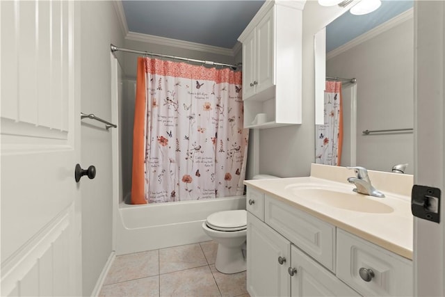 full bathroom featuring vanity, shower / bath combination with curtain, crown molding, tile patterned flooring, and toilet