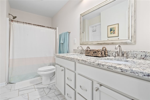 full bathroom with a sink, toilet, double vanity, and marble finish floor