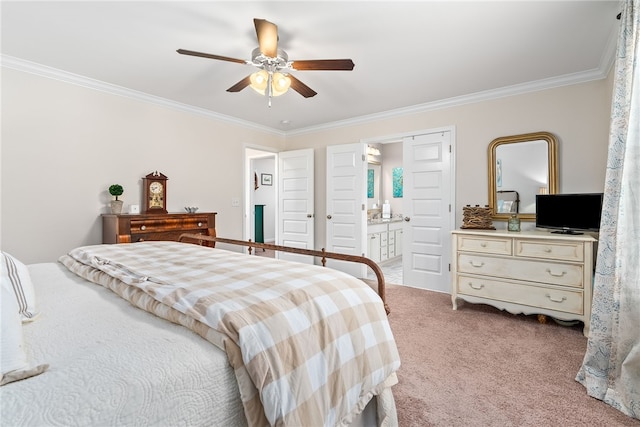 bedroom featuring connected bathroom, ceiling fan, ornamental molding, and carpet