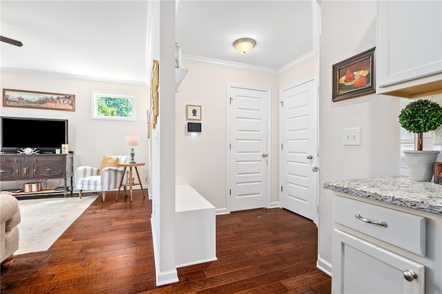 interior space with crown molding, dark wood-style flooring, and baseboards