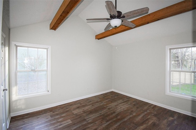 spare room featuring vaulted ceiling with beams, dark hardwood / wood-style floors, and a healthy amount of sunlight