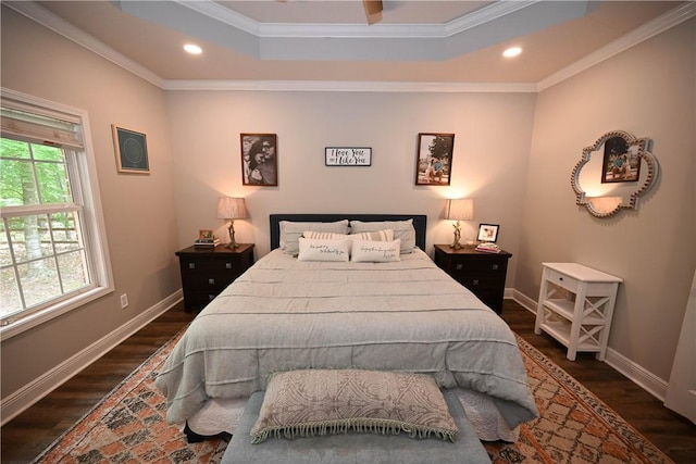 321 Saint James Dr, Auburn, AL 36830 - bedroom with recessed lighting, a raised ceiling, ornamental molding, and dark wood finished floors