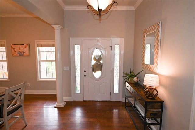 321 Saint James Dr, Auburn, AL 36830 - entryway featuring crown molding, baseboards, wood-type flooring, and decorative columns