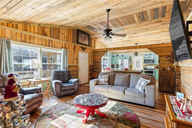 living room featuring wooden ceiling, vaulted ceiling, and wood-type flooring