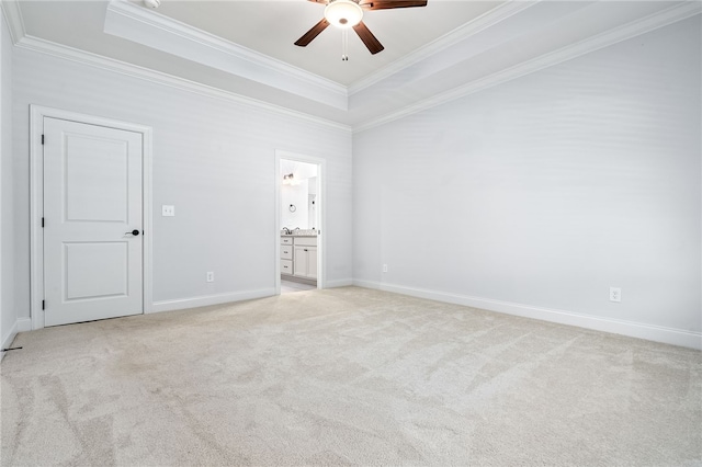 3000 Alumni Ln, Opelika, AL 36804 - empty room with a raised ceiling, a ceiling fan, ornamental molding, light colored carpet, and baseboards