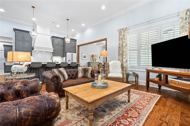 2051 Moores Mill Rd Unit K, Auburn, AL 36830 - living room featuring dark wood finished floors, ornamental molding, and recessed lighting