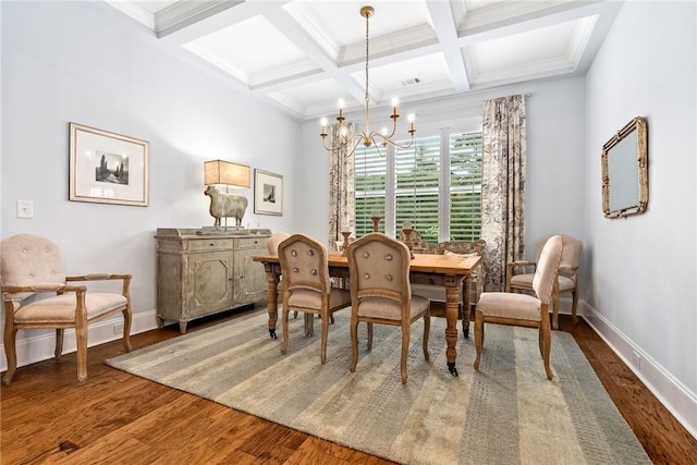 2051 Moores Mill Rd Unit K, Auburn, AL 36830 - dining area with a chandelier, wood finished floors, beamed ceiling, coffered ceiling, and ornamental molding